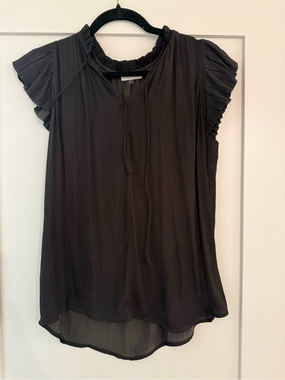 Black Ruffle Cap-Sleeve Blouse with Tie Neck